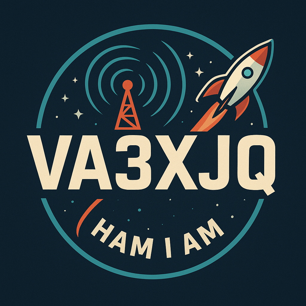 Retro VA3XJQ space badge with cream lettering, turquoise radio waves, and orange rocket